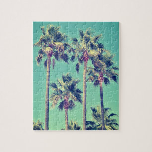 Tropical Vintage Palm Trees on Teal Jigsaw Puzzle