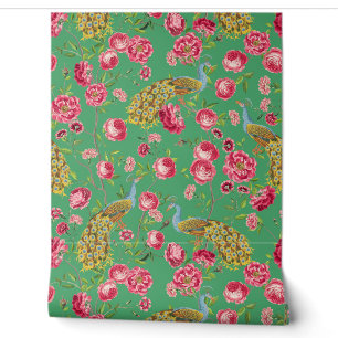 Tropical Vintage Peacock Garden Rococo Chinoiserie Wallpaper