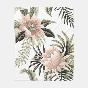 Tropical vintage pink lotus, palm leaves, banana fleece blanket