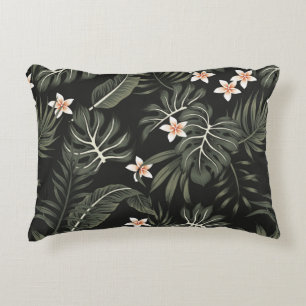 Tropical vintage plumeria flower, strelitzia, palm accent pillow