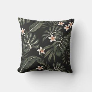 Tropical vintage plumeria flower, strelitzia, palm throw pillow