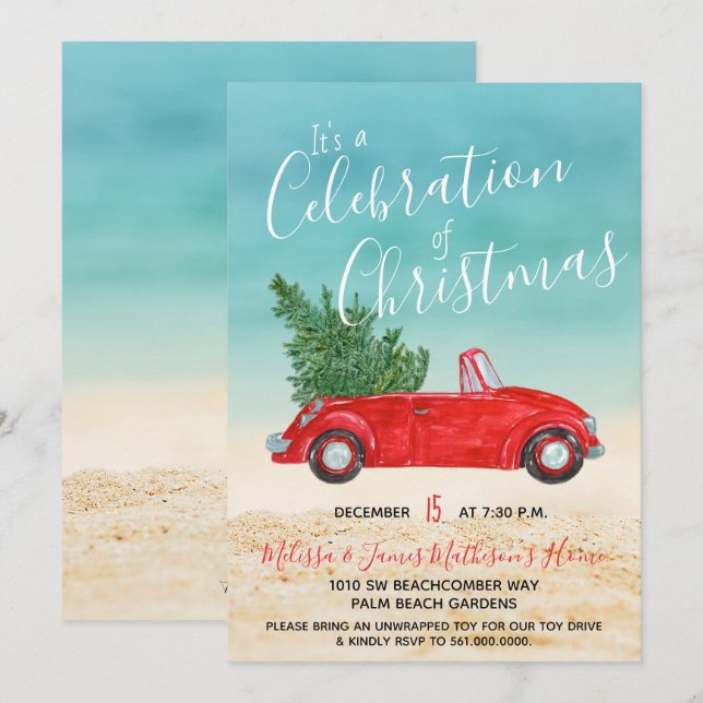 #Tropical Vintage Red Car #Christmas Celebration Invitation (Front/Back)