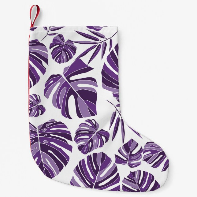 Tropical violet monstera leaves seamless pattern w small christmas stocking (Front)