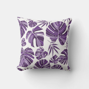 Tropical violet monstera leaves seamless pattern w throw pillow