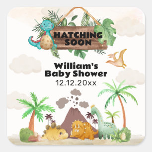 Tropical Volcano Hatching Dinosaur Baby Shower Square Sticker