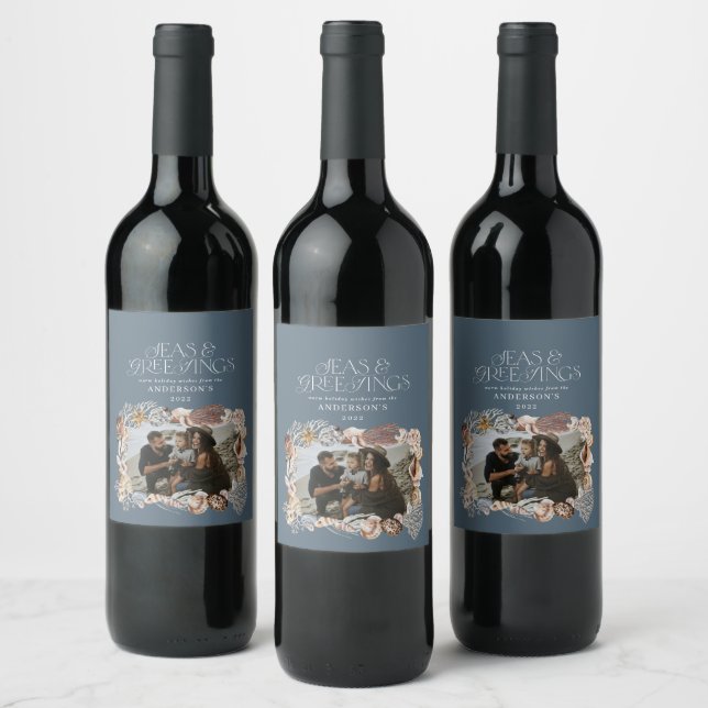Tropical warm Christmas seas greetings photo blue  Wine Label (Bottles)