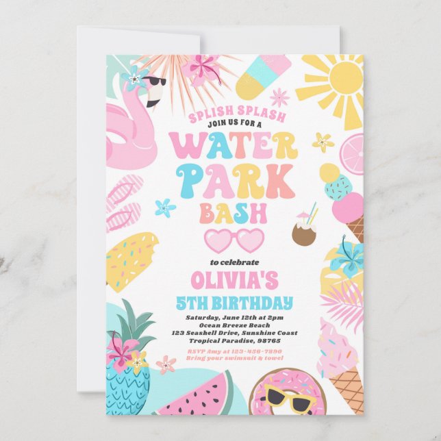  Tropical Water Park Summer Birthday Party Invitation (Front)