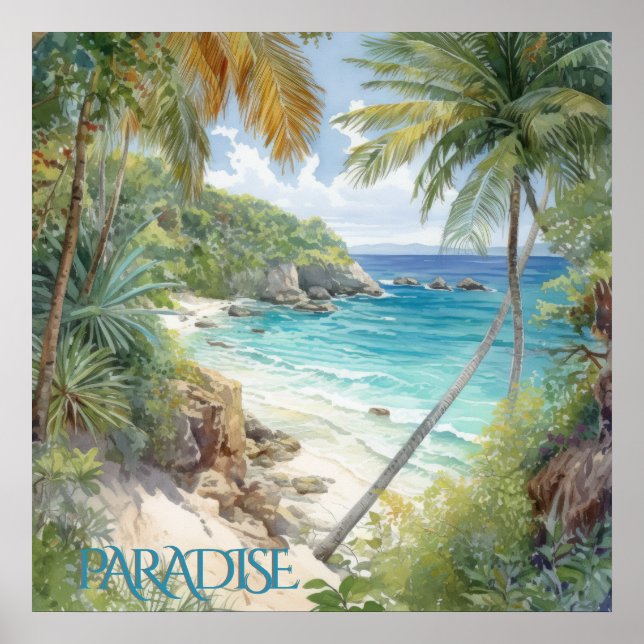 Tropical Watercolor Beach Lagoon Paradise  Poster (Front)