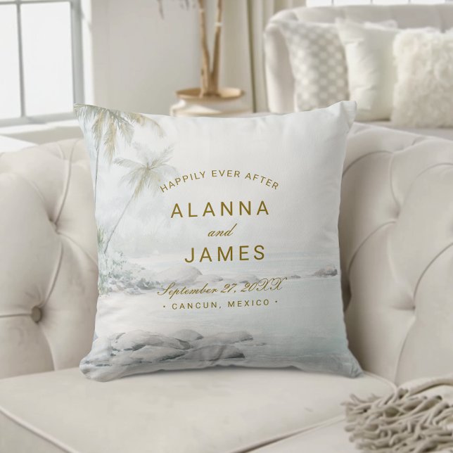 Tropical Watercolor Beach Wedding Photo Pillow (Beach-themed wedding pillow with “Alanna and James” and date text on a cream tufted sofa.)