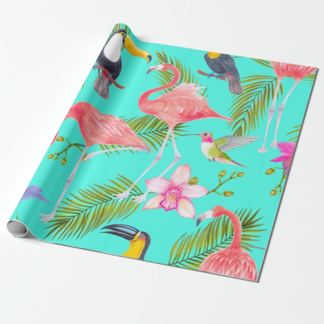 Tropical watercolor birds seamless pattern wrapping paper (Unrolled)
