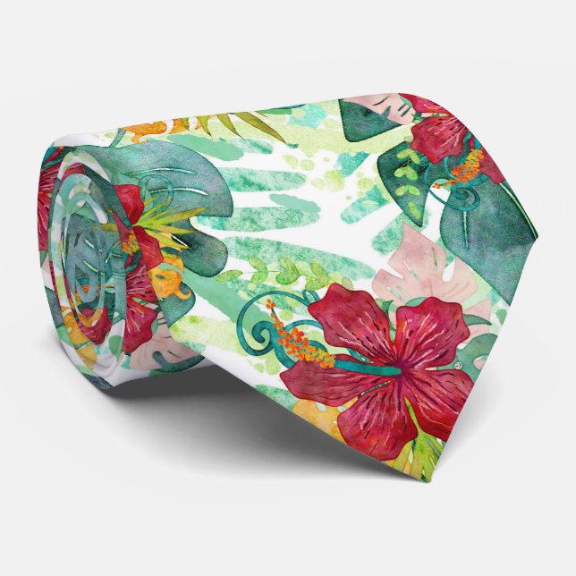 Tropical Watercolor Botanical Palm Leaf & Hibiscus Tie (Rolled)