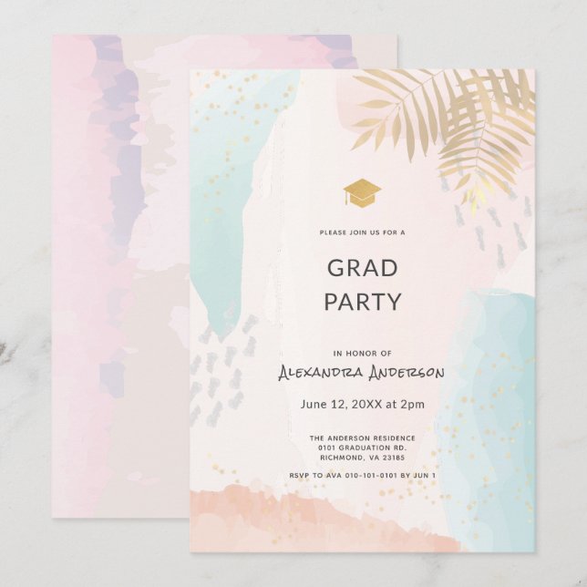 Tropical Watercolor Brush Strokes Graduation Invitation (Front/Back)