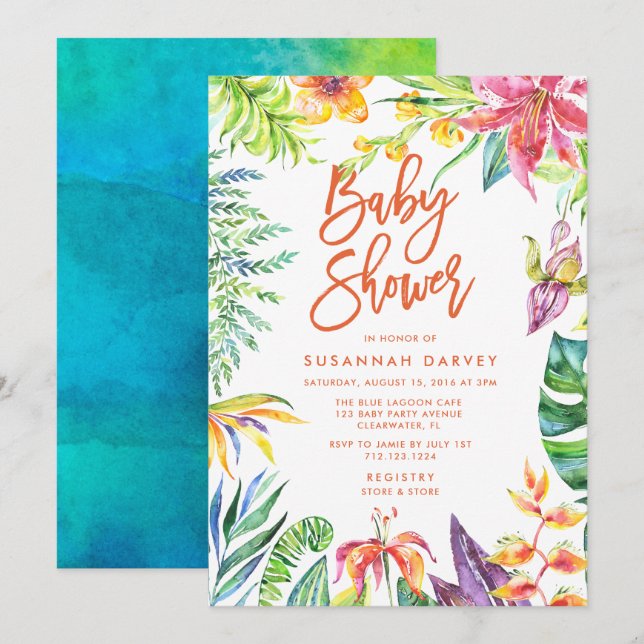 Tropical Watercolor Calligraphy Baby Shower Invitation (Front/Back)