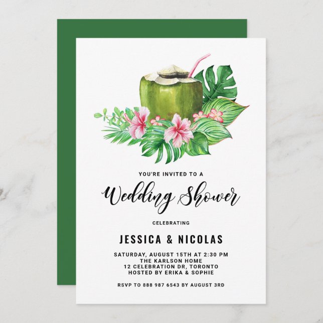 Tropical Watercolor Coconut Summer Wedding Shower Invitation (Front/Back)