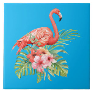 Tropical Watercolor Flamingo & Flowers Tile