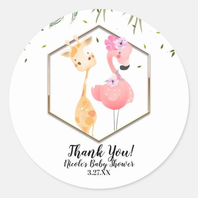 Tropical Watercolor Flamingo & Giraffe Baby Shower Classic Round Sticker (Front)