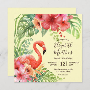 Tropical Watercolor Flamingos & Hibiscus Birthday Invitation