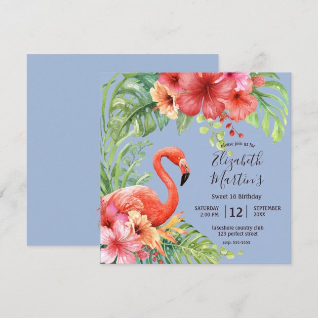 Tropical Watercolor Flamingos & Hibiscus Birthday Invitation (Front/Back)