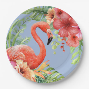 Tropical Watercolor Flamingos & Hibiscus Paper Plate