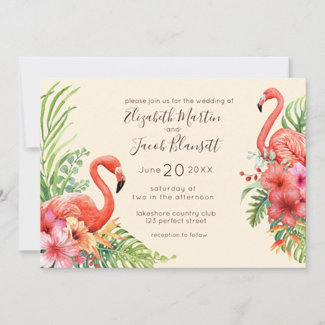 Tropical Watercolor Flamingos & Hibiscus Wedding Invitation (Front)