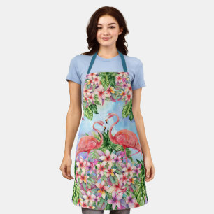 Tropical Watercolor Floral Flamingos Apron