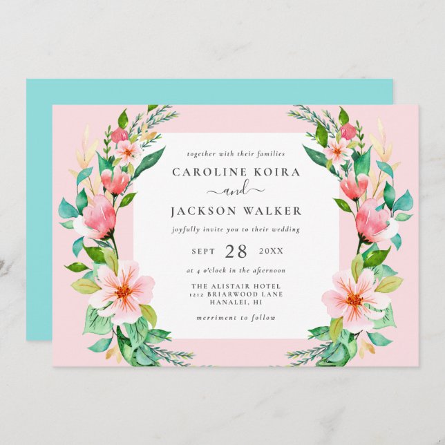 Tropical Watercolor Floral Wedding Invitation (Front/Back)