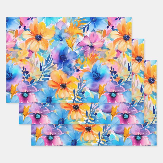 Tropical Watercolor Floral Wrapping Paper Sheet (Set)