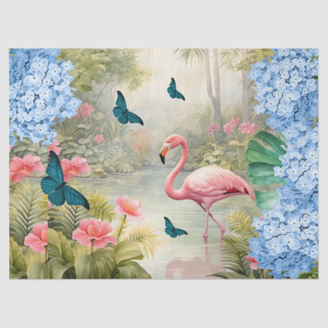 Tropical Watercolor Florals Flamingo & Butterflies Tissue Paper (Front)