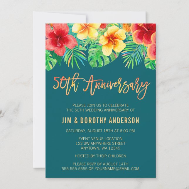 Tropical Watercolor Flower 50th Anniversary Invite (Front)