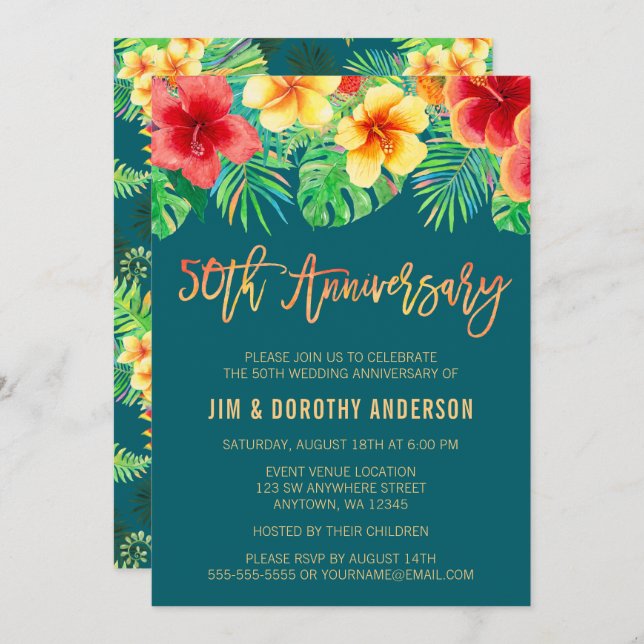 Tropical Watercolor Flower 50th Anniversary Invite (Front/Back)