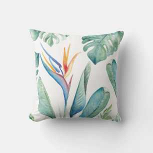 Tropical Watercolor Flower Botanicals and Greenery Throw Pillow