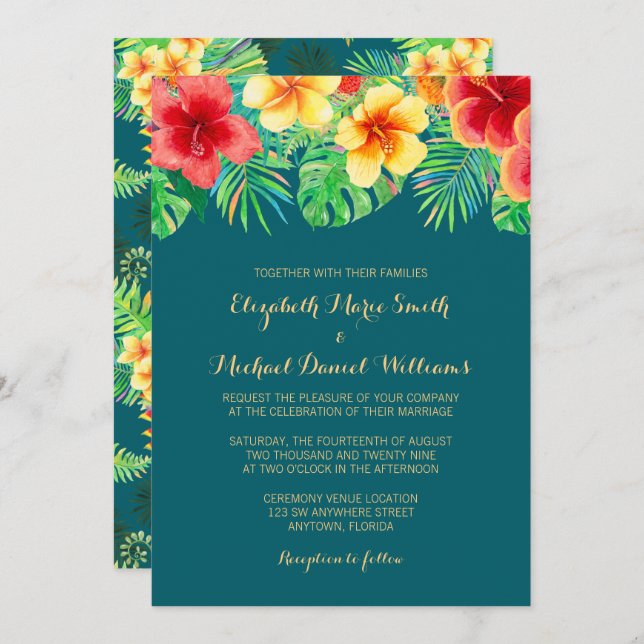 Tropical Watercolor Flower Wedding Invitation (Front/Back)