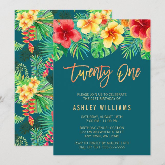 Tropical Watercolor Flowers 21st Birthday Invitation (Front/Back)