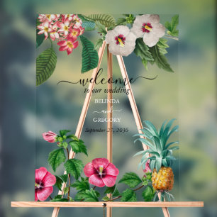 Tropical Watercolor Flowers & Greenery Wedding Acrylic Sign