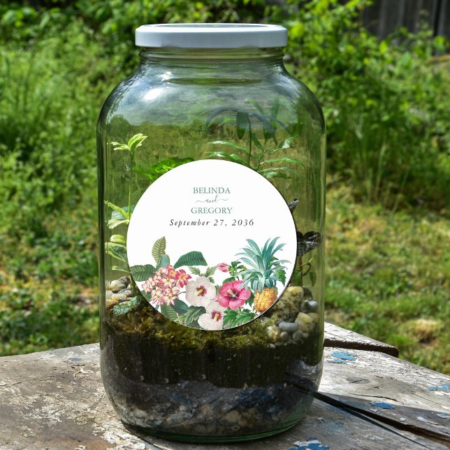 Tropical Watercolor Flowers & Greenery Wedding Classic Round Sticker (Tropical Watercolor Flowers & Greenery Wedding Classic Round Sticker)