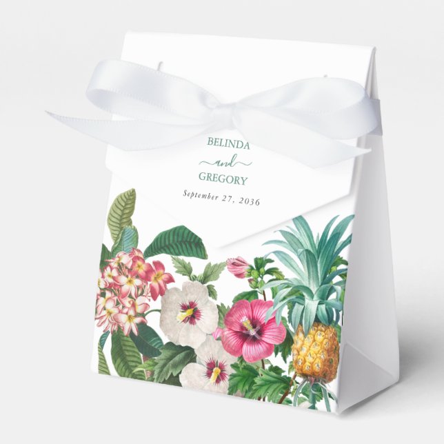 Tropical Watercolor Flowers & Greenery Wedding Favor Box (Front Side)
