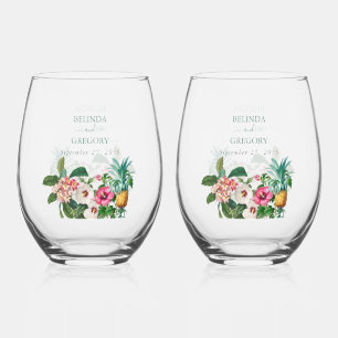 Tropical Watercolor Flowers & Greenery Wedding Stemless Wine Glass