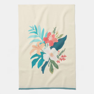 Tropical Watercolor Flowers in Coral & Teal Kitchen Towel