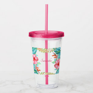Tropical Watercolor Flowers Personalized Acrylic Tumbler