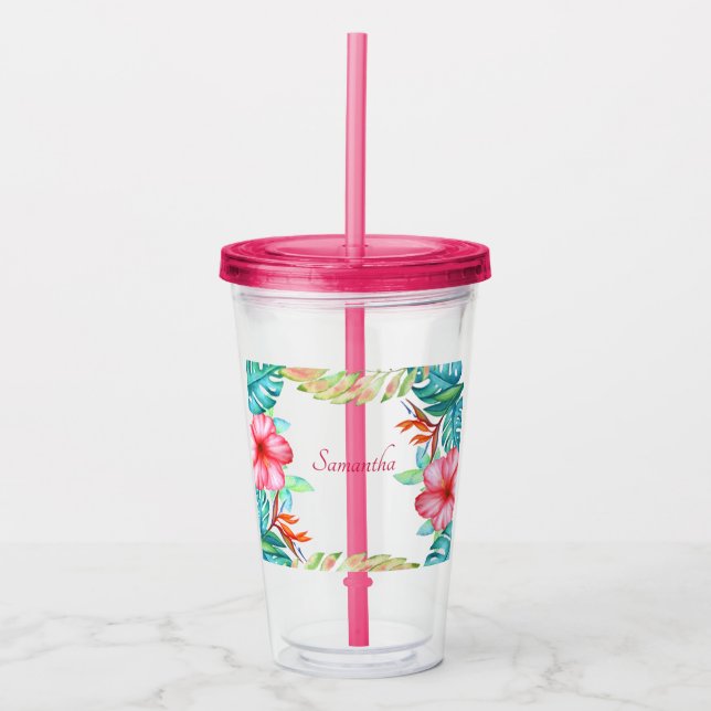 Tropical Watercolor Flowers Personalized Acrylic Tumbler (Front)