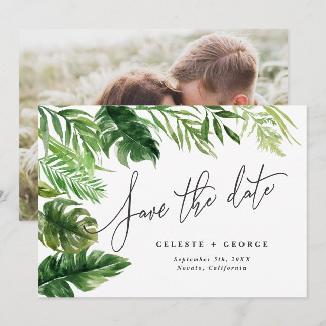Tropical watercolor foliage floral photo save the date (Front/Back)