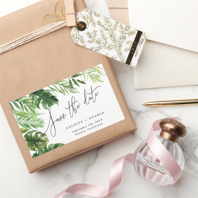 Tropical watercolor foliage floral save the date sticker (Gifting)