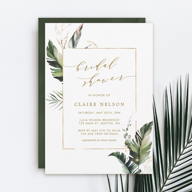 Tropical Watercolor Foliage Gold Bridal Shower Invitation (Creator Uploaded)