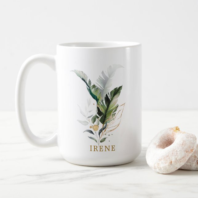 Tropical Watercolor Foliage Gold Script Coffee Mug (With Donut)