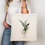 Tropical Watercolor Foliage Gold Script Tote Bag<br><div class="desc">This personalized coffee mug features watercolor green tropical foliage with gold leaves accents. >>> Check out the entire collection >>> https://www.zazzle.com/collections/tropical_foliage_gold_collection-119316977990783186</div>