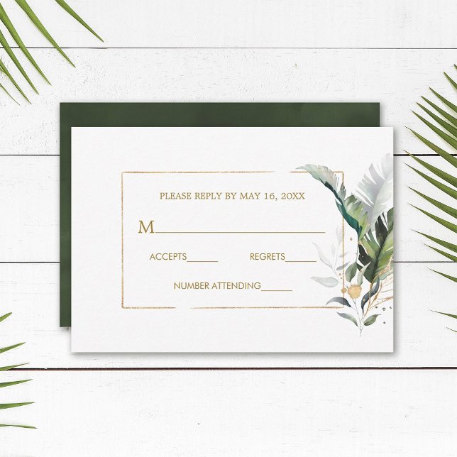 Tropical Watercolor Foliage Gold Wedding RSVP Card (Creator Uploaded)