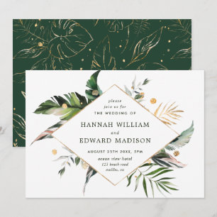 Tropical Watercolor Foliage Green Gold Wedding Invitation