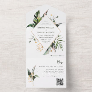 Tropical Watercolor Foliage Green Wedding QR Code All In One Invitation