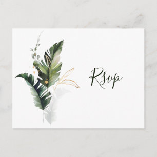 Tropical Watercolor Foliage Green Wedding RSVP Invitation Postcard