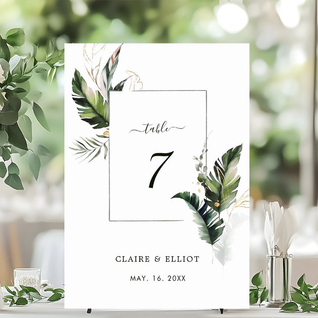 Tropical Watercolor Foliage Green Wedding Table Number (Creator Uploaded)